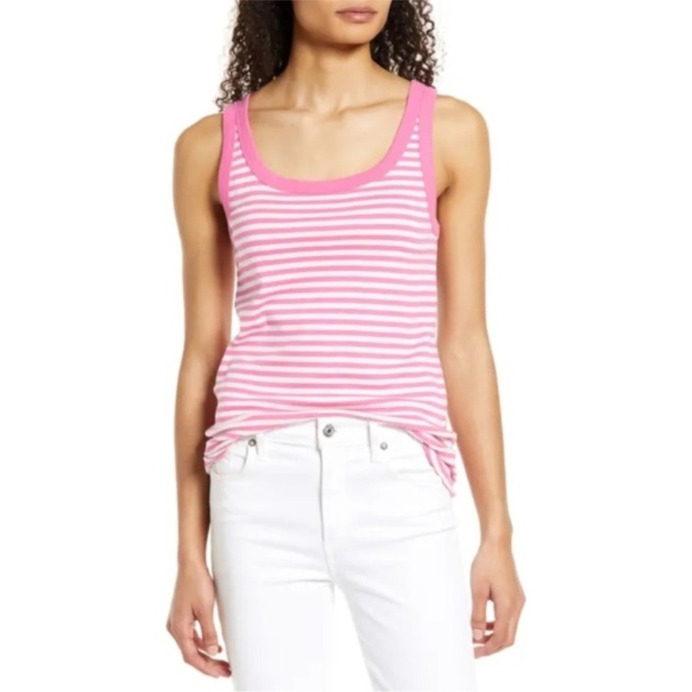 Caslon Pink White Striped Scoop Neck Tank Top Small Summer Casual NWT